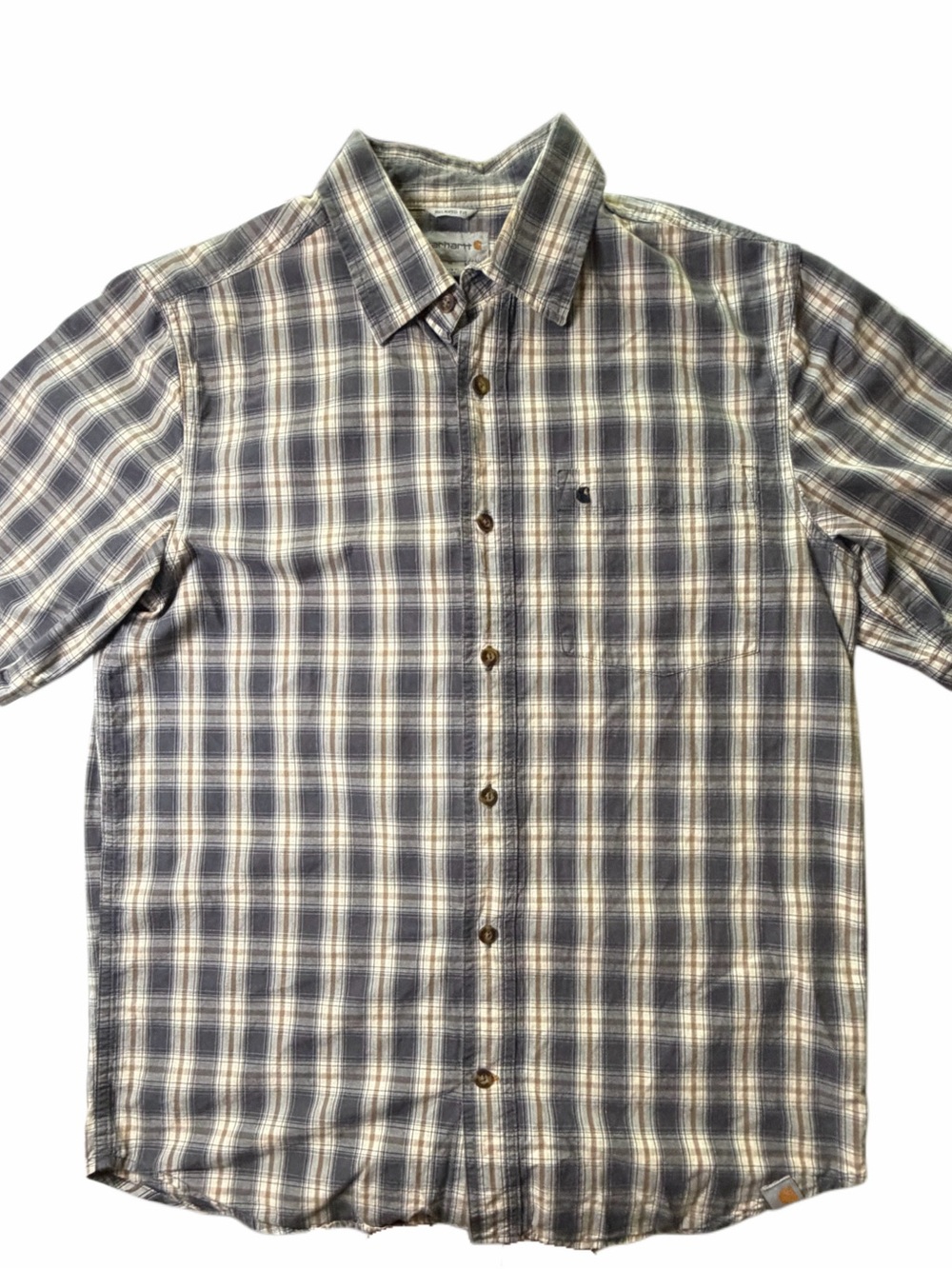 Carhartt Men’s Medium Relaxed Fit Plaid Short Sleeve Button Up Shirt Gray Brown